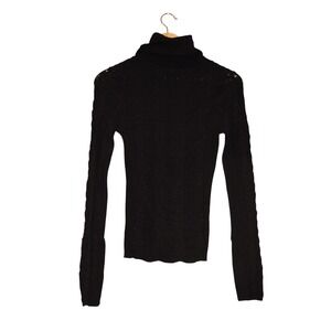 Free People Black Pointelle Cable Knit‎ Turtleneck Sweater Snap Sleeves Size M